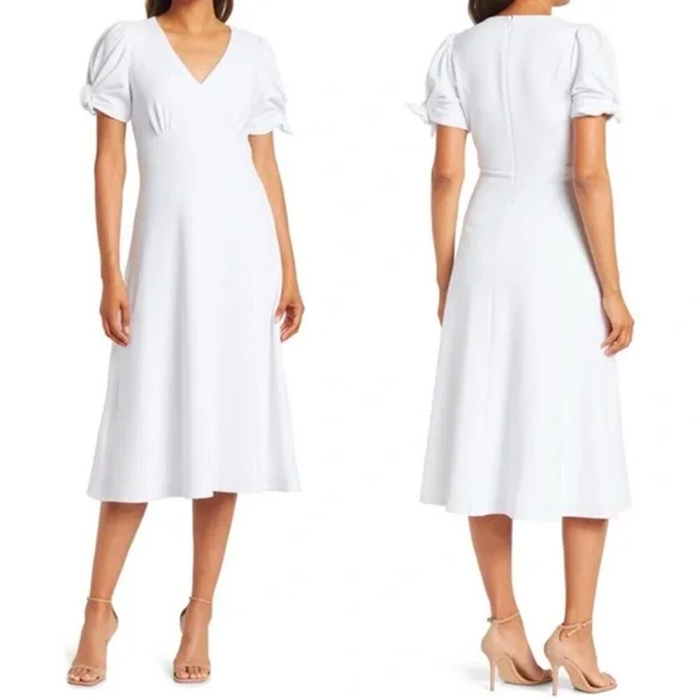 Calvin Klein White V-Neck Midi Dress with Puff Sleeves